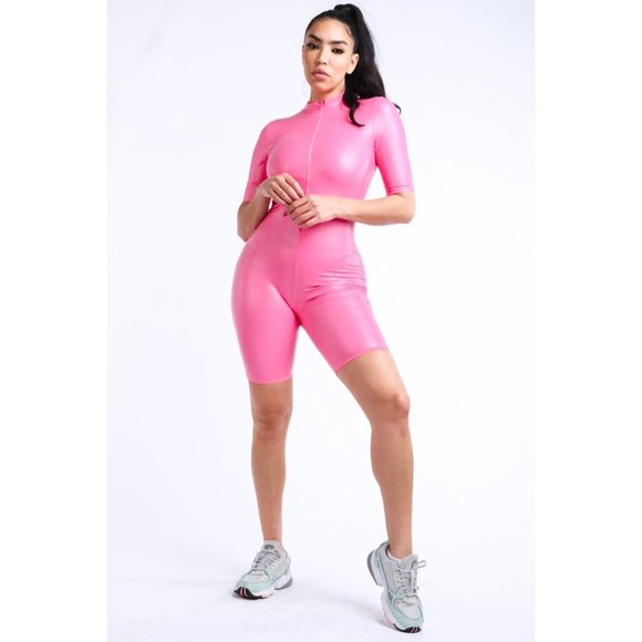 Women's Casual Short Sleeve Solid Stretch Satin Pu Zipper Biker Bodycon Romper - Picture 11 of 11